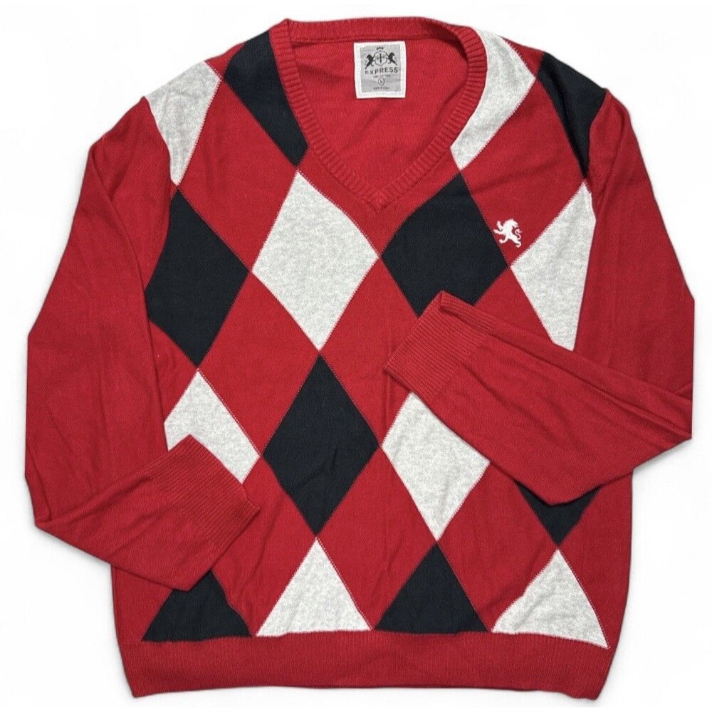 Vintage Express Y2K Men’s Red Argyle Preppy Pullover Sweater Size L 80’s Vibes